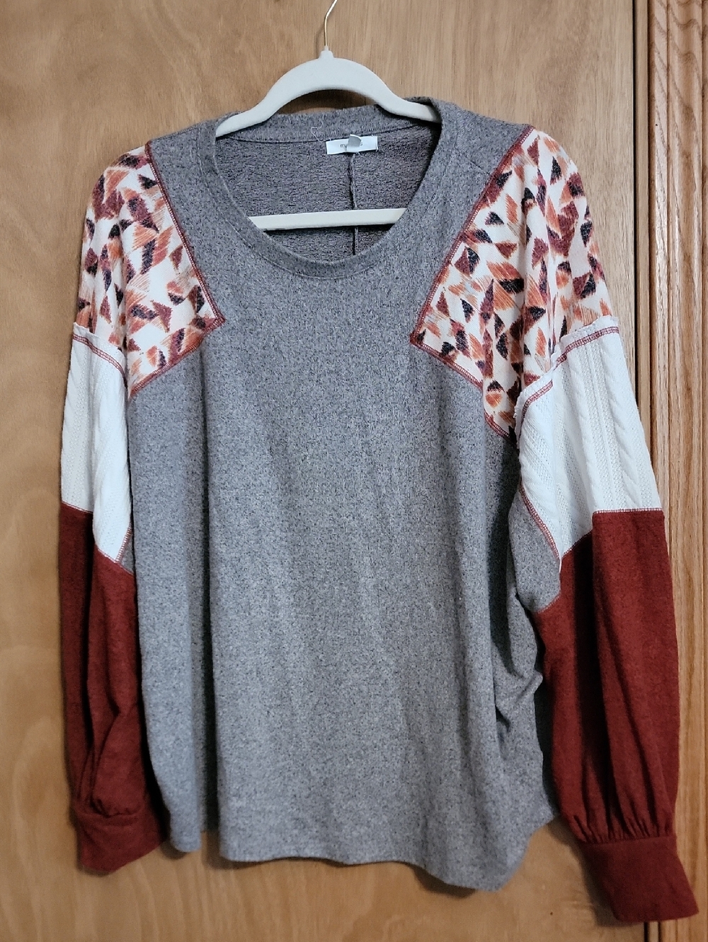 Maurices Gray Knit Sweatshirt with Rust & Cream Accent Sleeves
